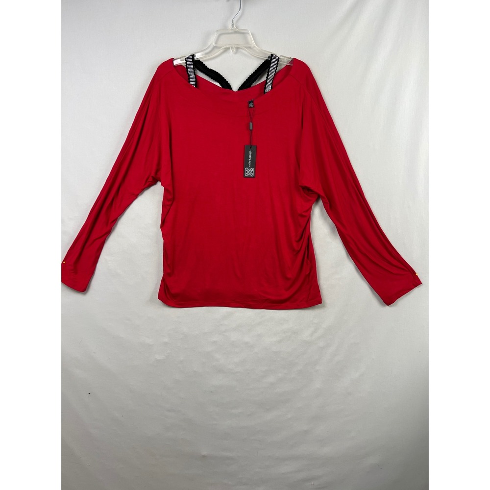 Cable & Gauge Blouse Womens Large Red Rhinestone Lace Strap Dolman Long Sleeve